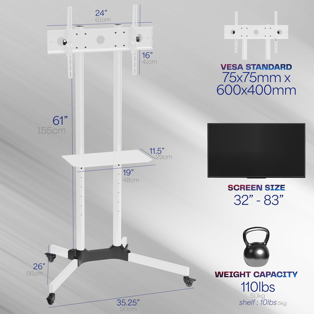 Mobile TV Cart for 32 to 83 inch Screens up to 110 lbs, White F324