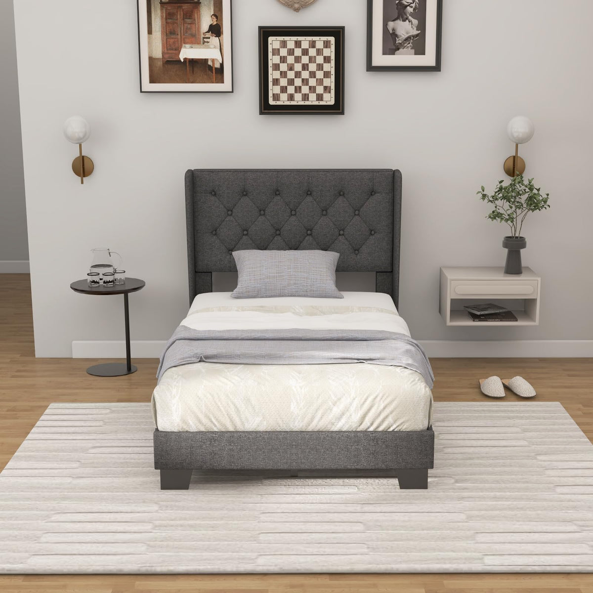 Twin Fabric Upholstered Platform Bed with Wingback Button Tufted Headboard Y923