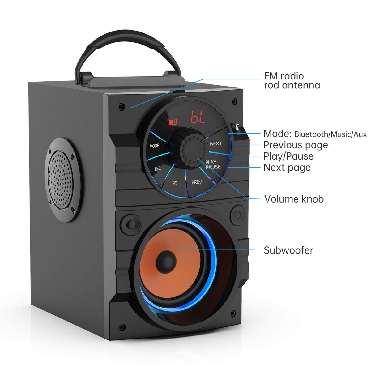 Portable Big Bluetooth Speakers with Light, Wireless with Subwoofer, FM Radio, LED Lights, EQ, Booming Bass, Bluetooth 4.2 Stereo Loud Outdoor/Indoor Retro, for Home, Camping, Travel, Black J6571