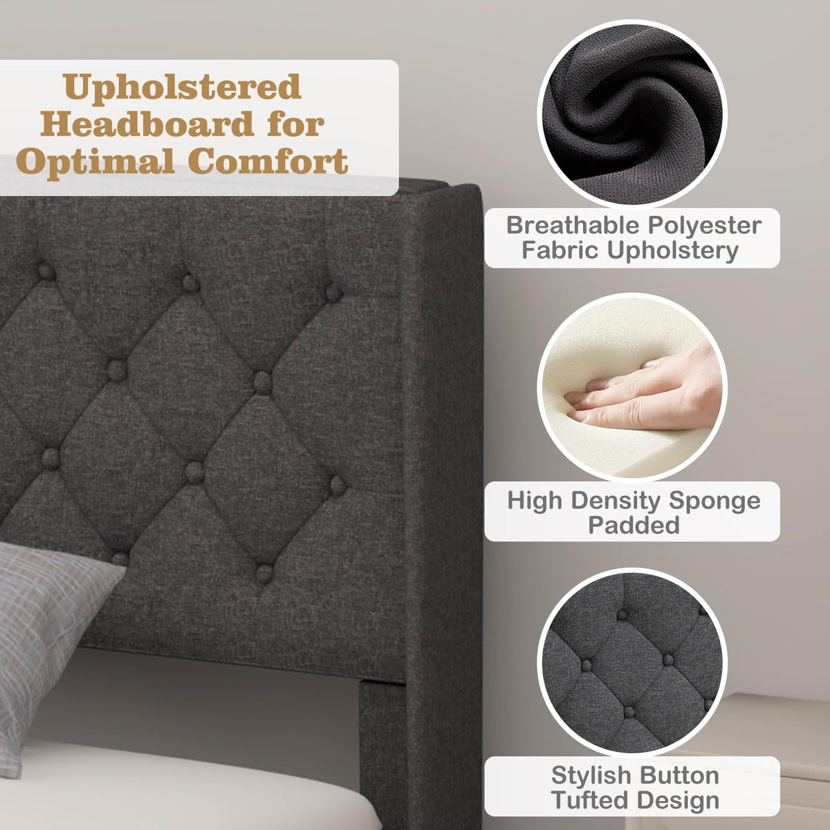 Twin Fabric Upholstered Platform Bed with Wingback Button Tufted Headboard Y923