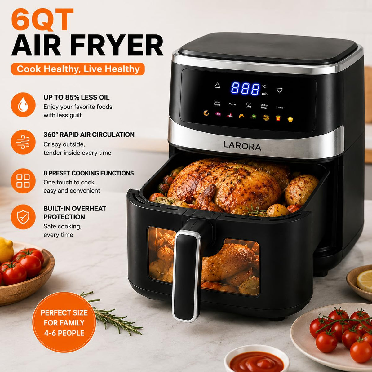 6 QT Family Size Air Fryer with Visible Cooking Window A6996