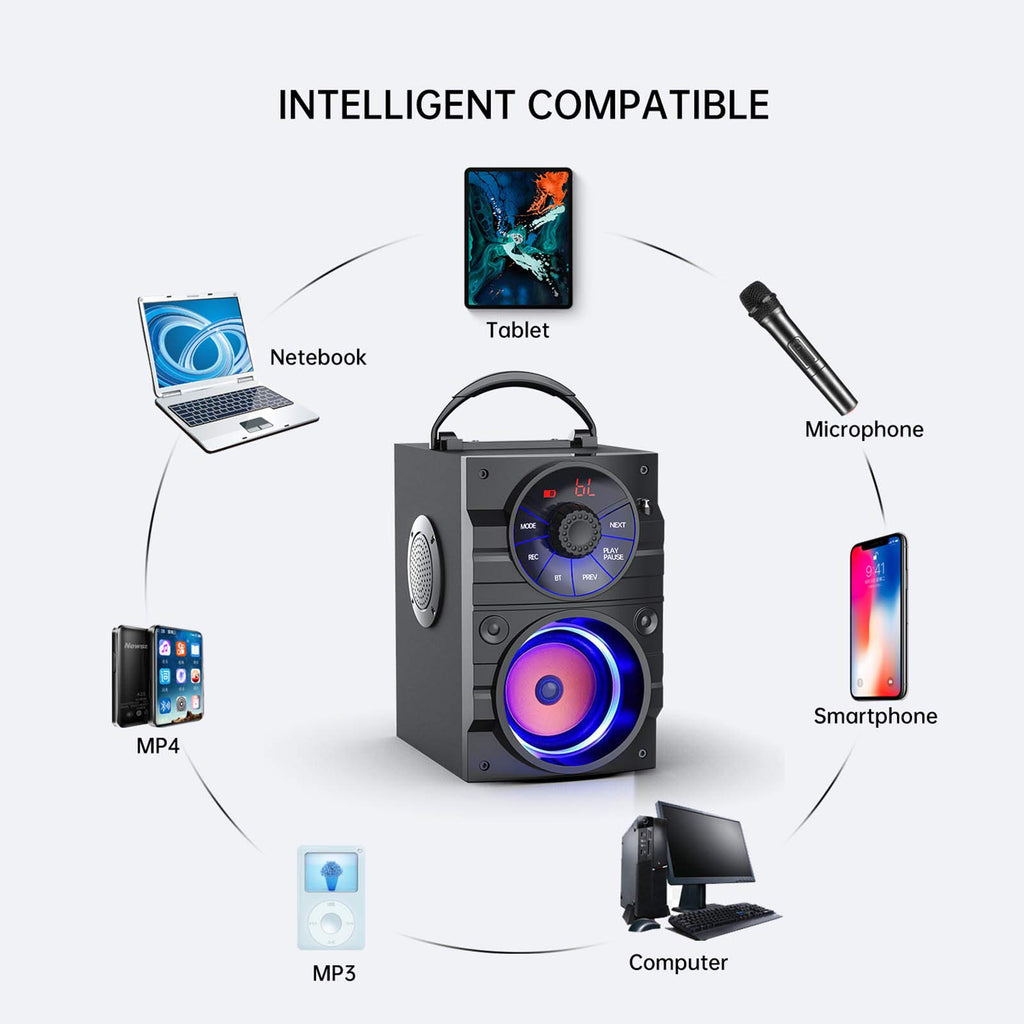 Portable Big Bluetooth Speakers with Light, Wireless with Subwoofer, FM Radio, LED Lights, EQ, Booming Bass, Bluetooth 4.2 Stereo Loud Outdoor/Indoor Retro, for Home, Camping, Travel, Black J6571