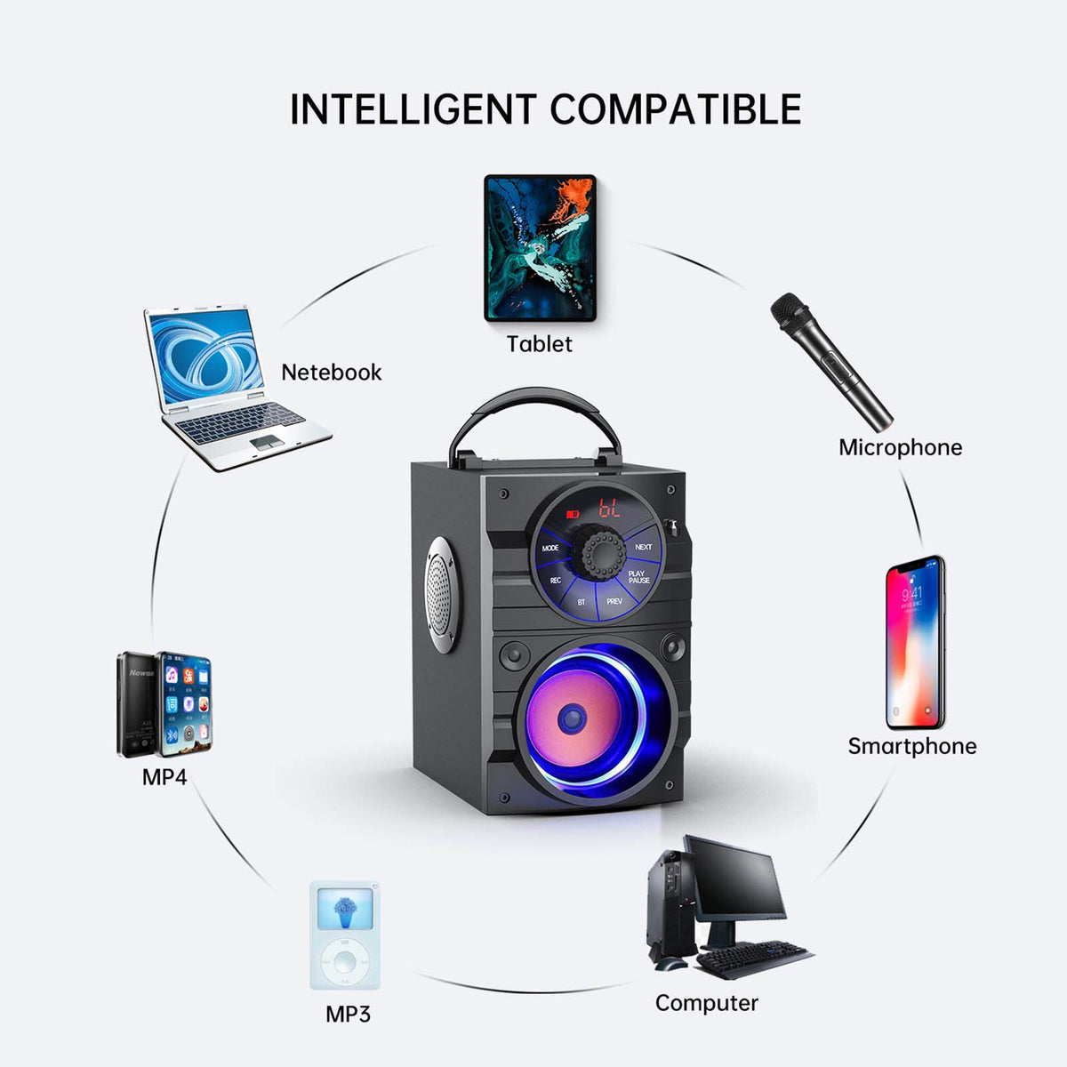 Portable Big Bluetooth Speakers with Light, Wireless with Subwoofer, FM Radio, LED Lights, EQ, Booming Bass, Bluetooth 4.2 Stereo Loud Outdoor/Indoor Retro, for Home, Camping, Travel, Black J6571