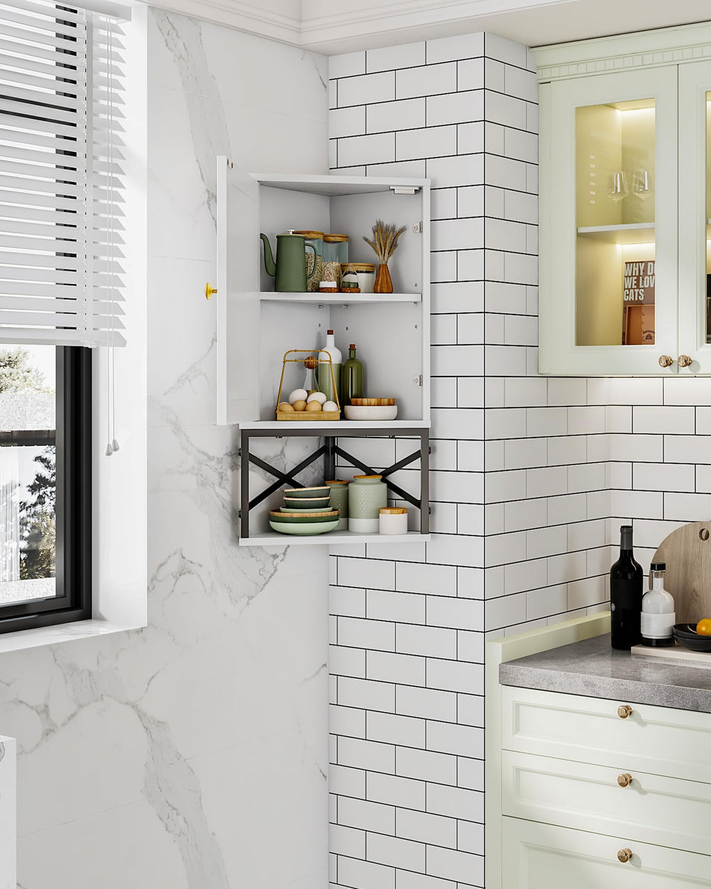White and Black Corner Wall Cabinet with Adjustable Shelf N29916