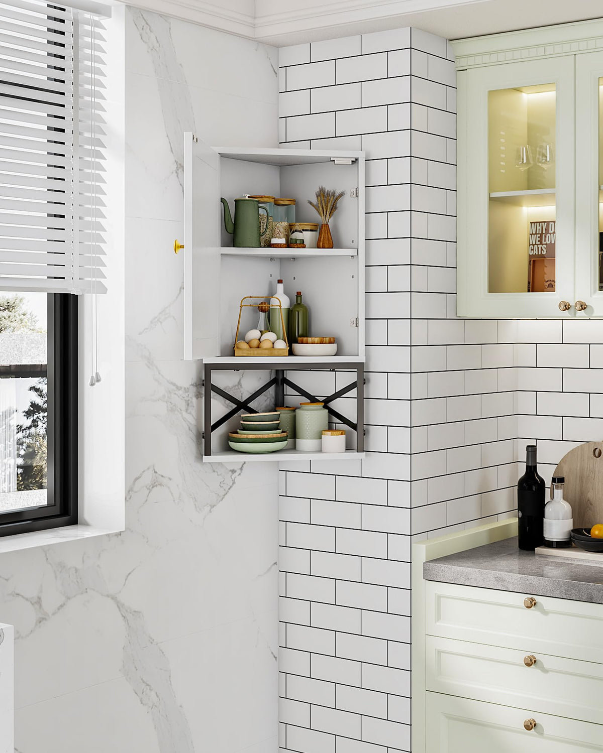 White and Black Corner Wall Cabinet with Adjustable Shelf N29916