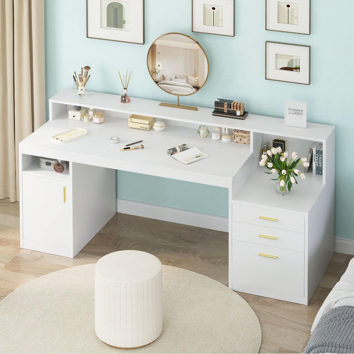 65" White Computer Desk with 3 Drawers P179706