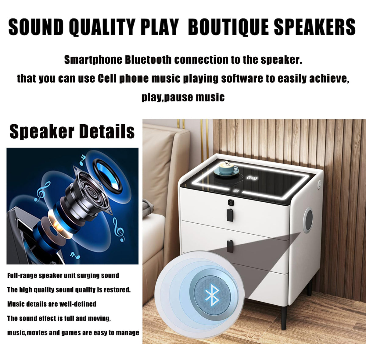 Khaki 3 Drawer Smart Nightstand with Wireless Charging I844