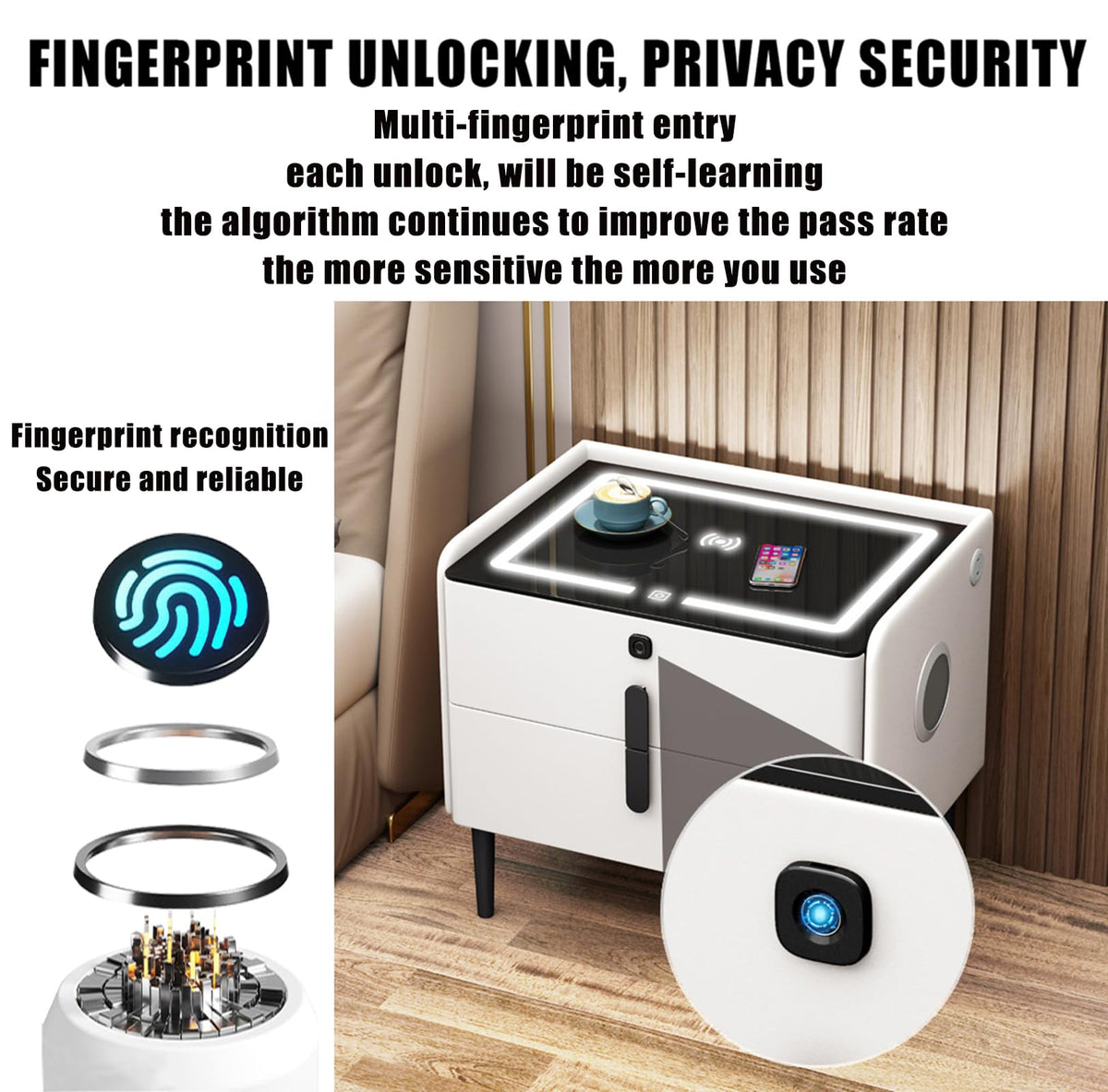 Khaki 3 Drawer Smart Nightstand with Wireless Charging I844