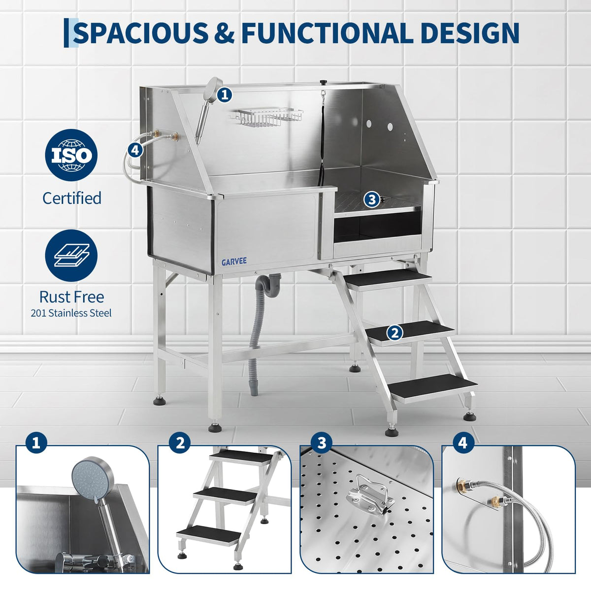 46 Inch Stainless Steel Dog Washing Station with Stair U182731