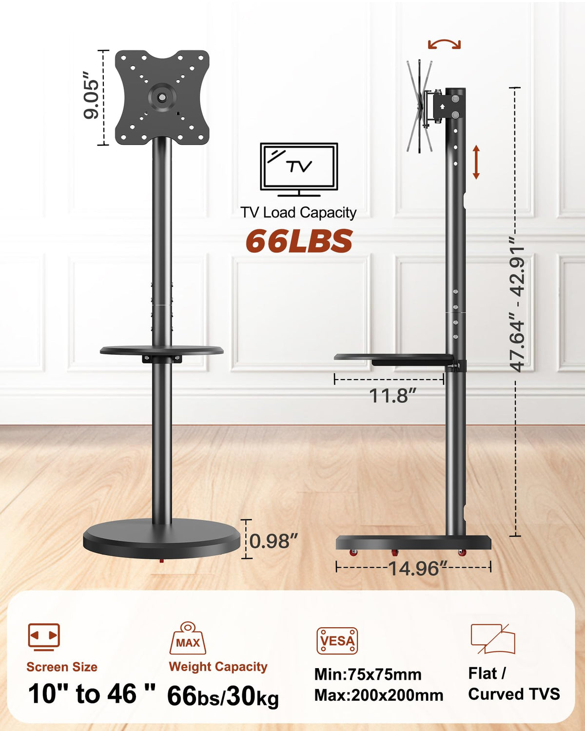 Rolling TV Stand with Shelf and Hidden Wheels C110897