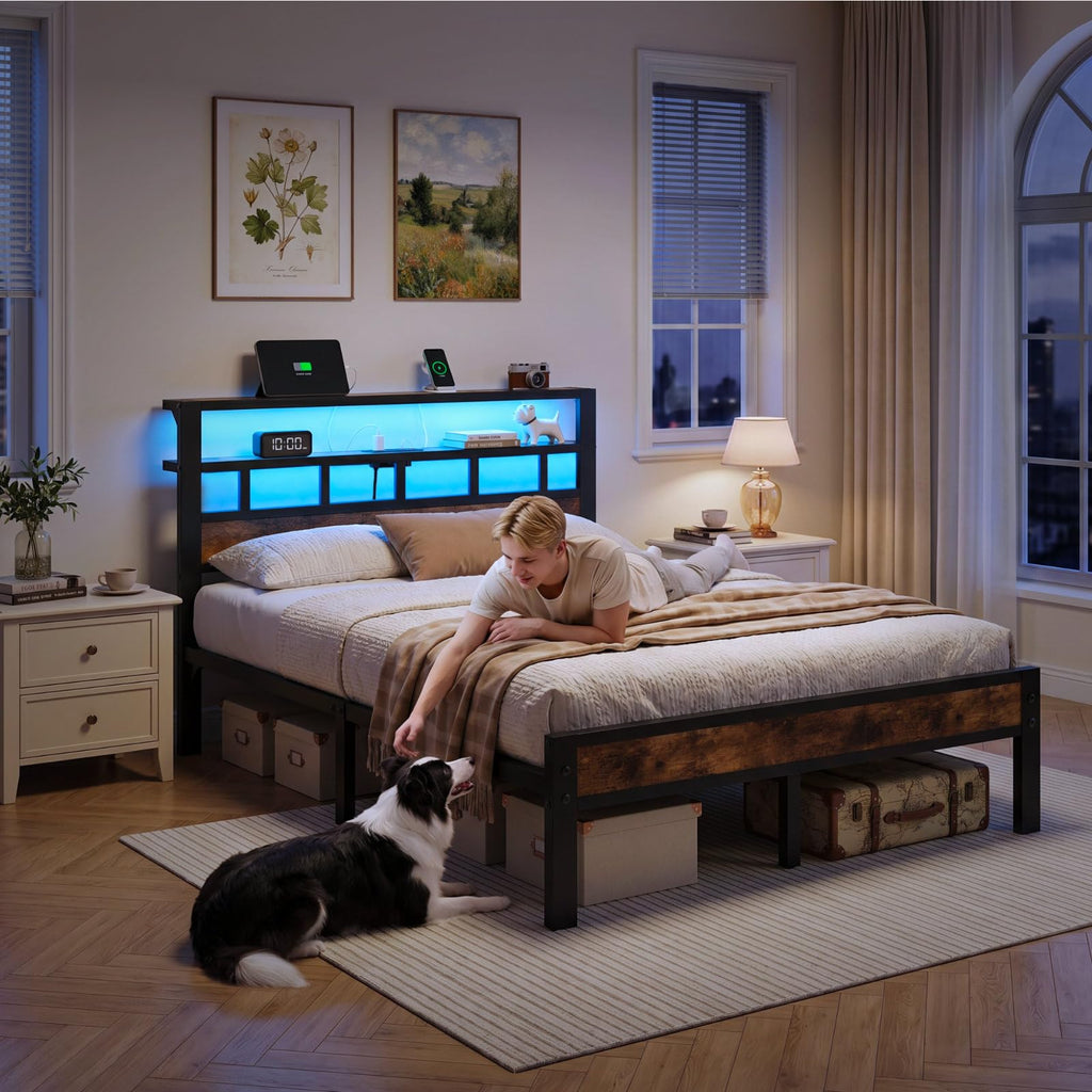 Metal Platform Bed with Charging Station and LED Y91547