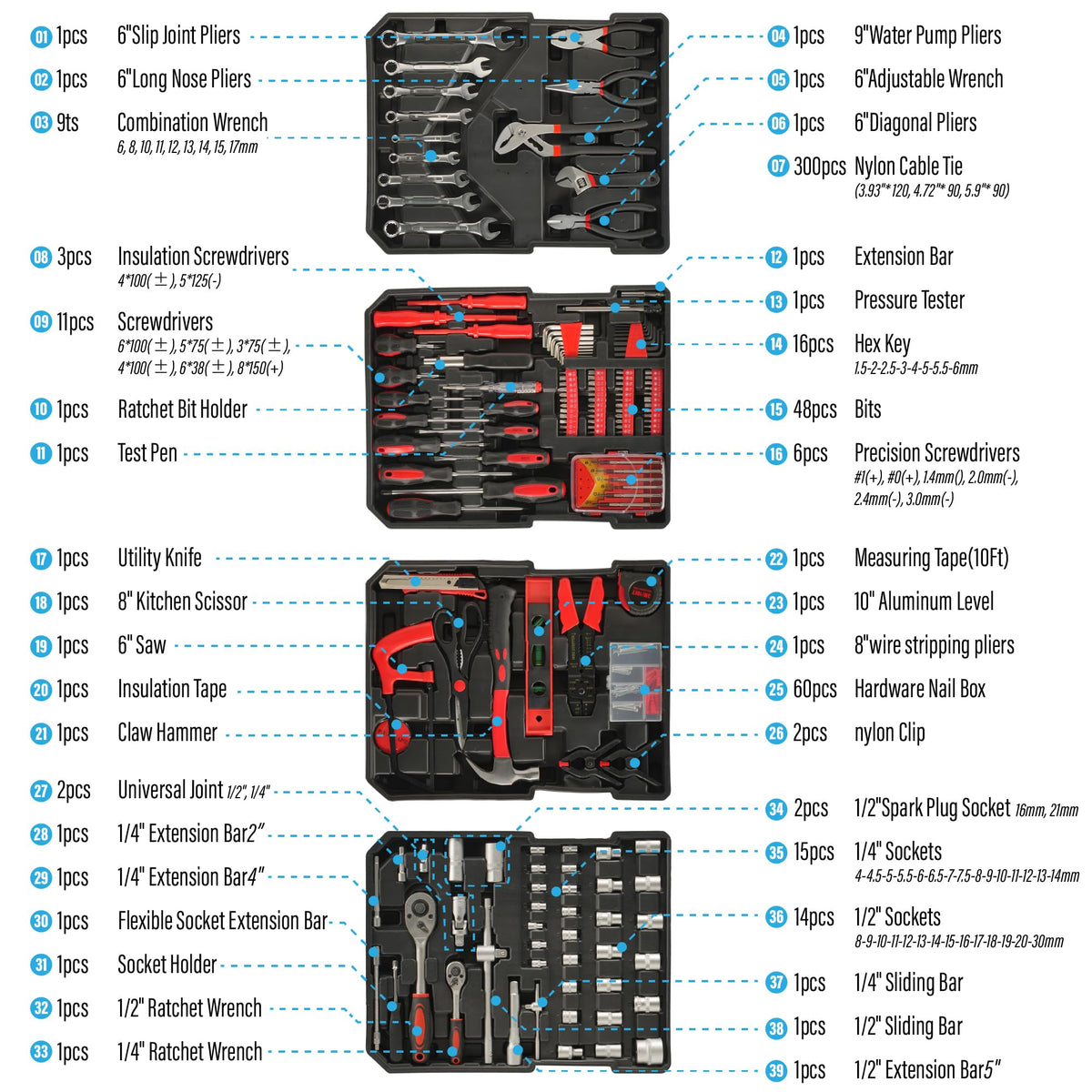 515 Pcs Household Tool Kit Aluminum Trolley Case C4256