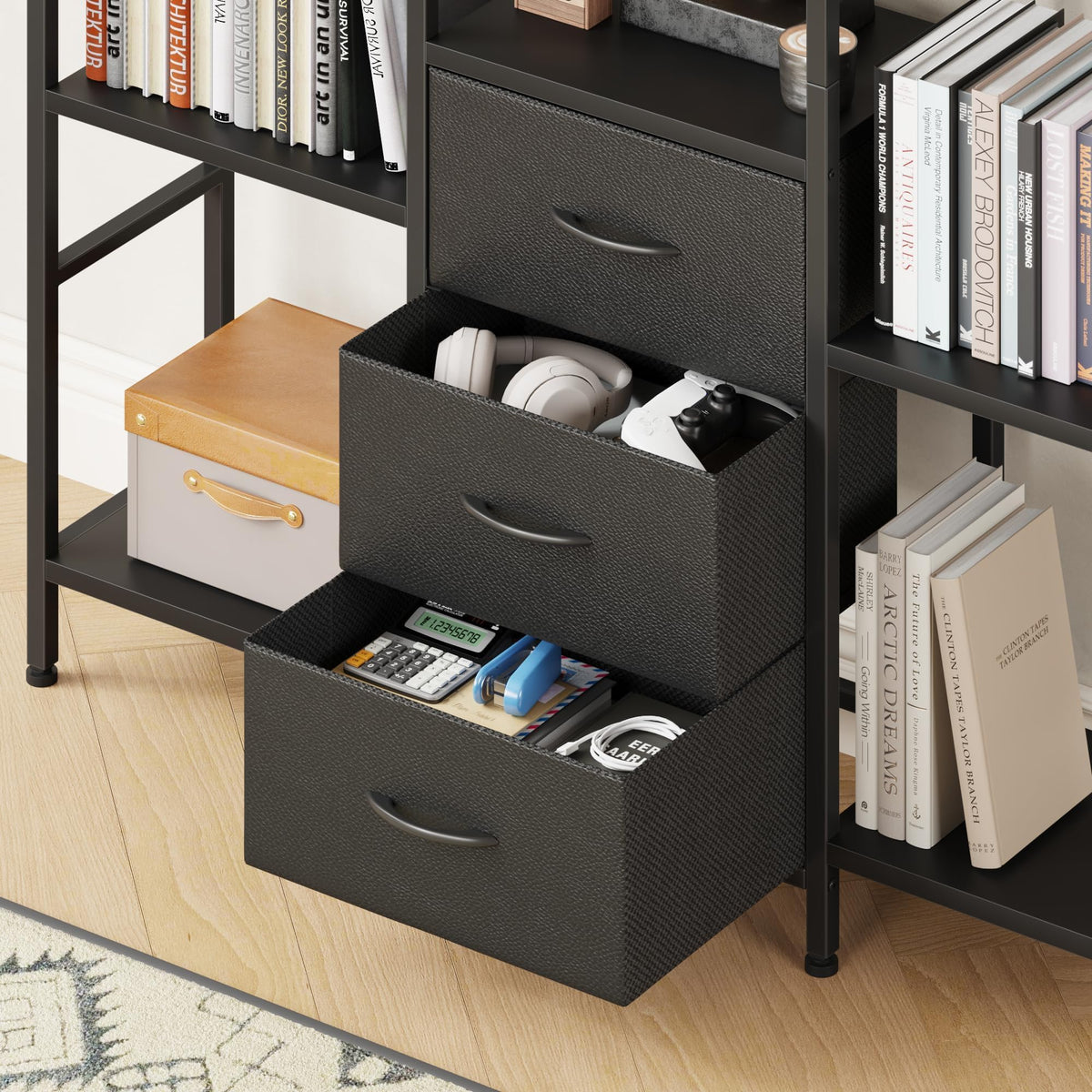 Black 4-Tier Bookshelf with 3 Fabric Drawers S19645