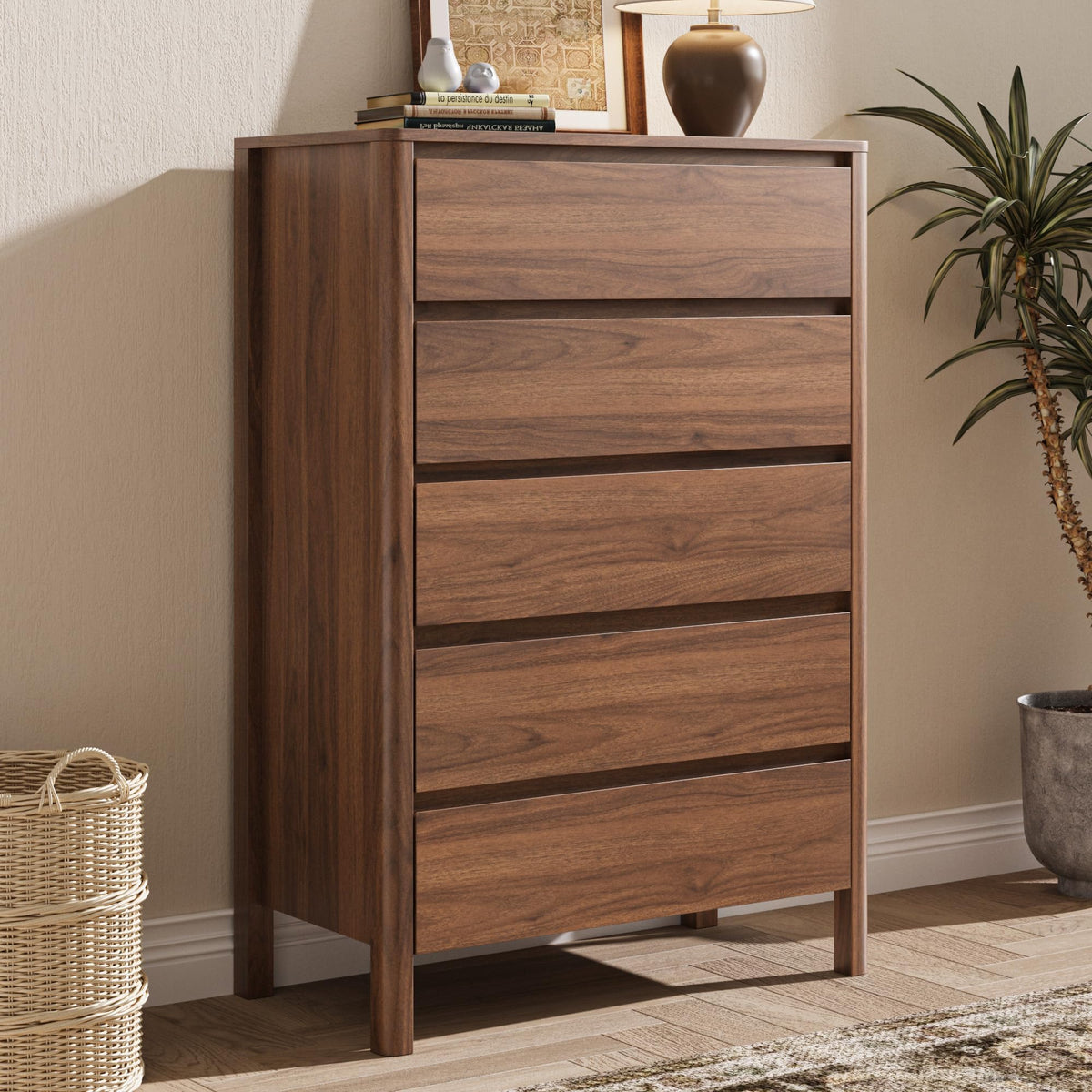 Walnut 5 Drawer Wood Dresser R114