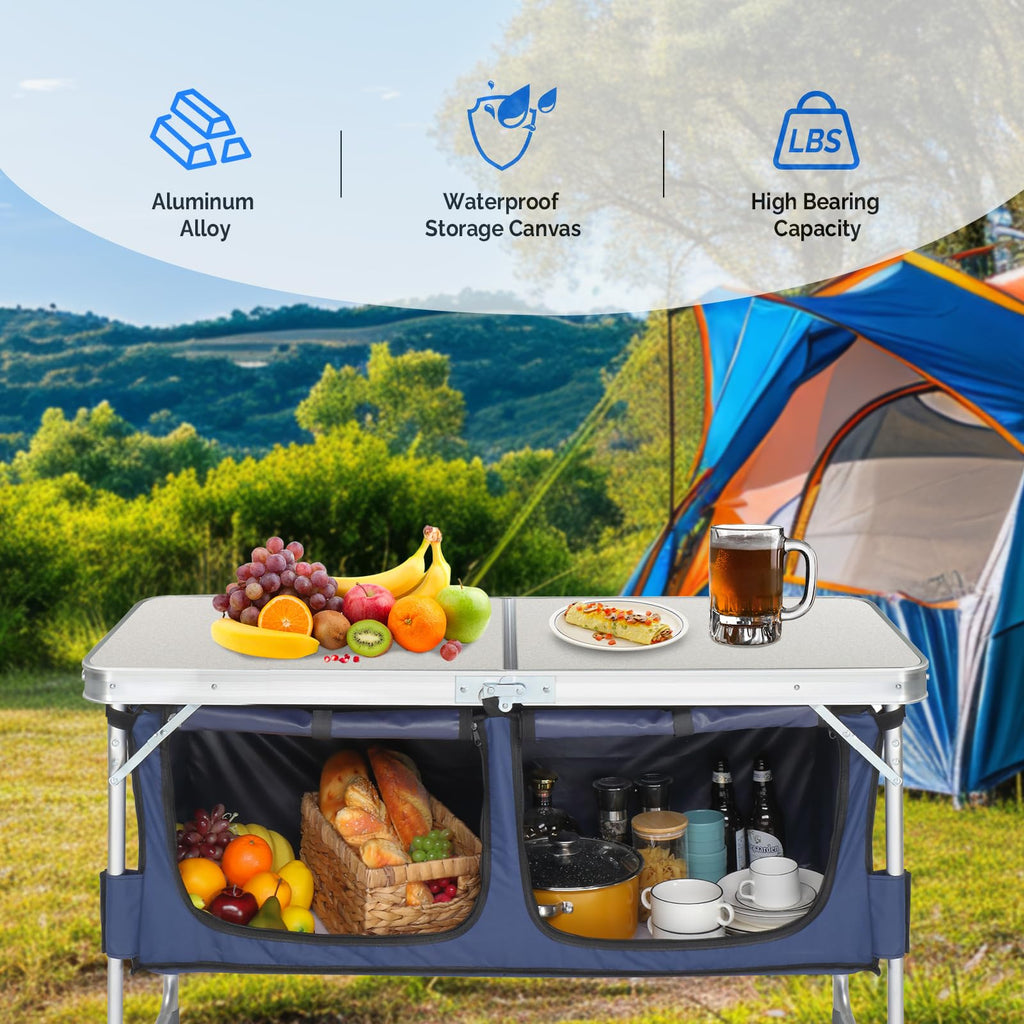 Folding Camping Table with Storage, 3 Height Adjustable, Lightweight, 4 Ft Aluminum U78917