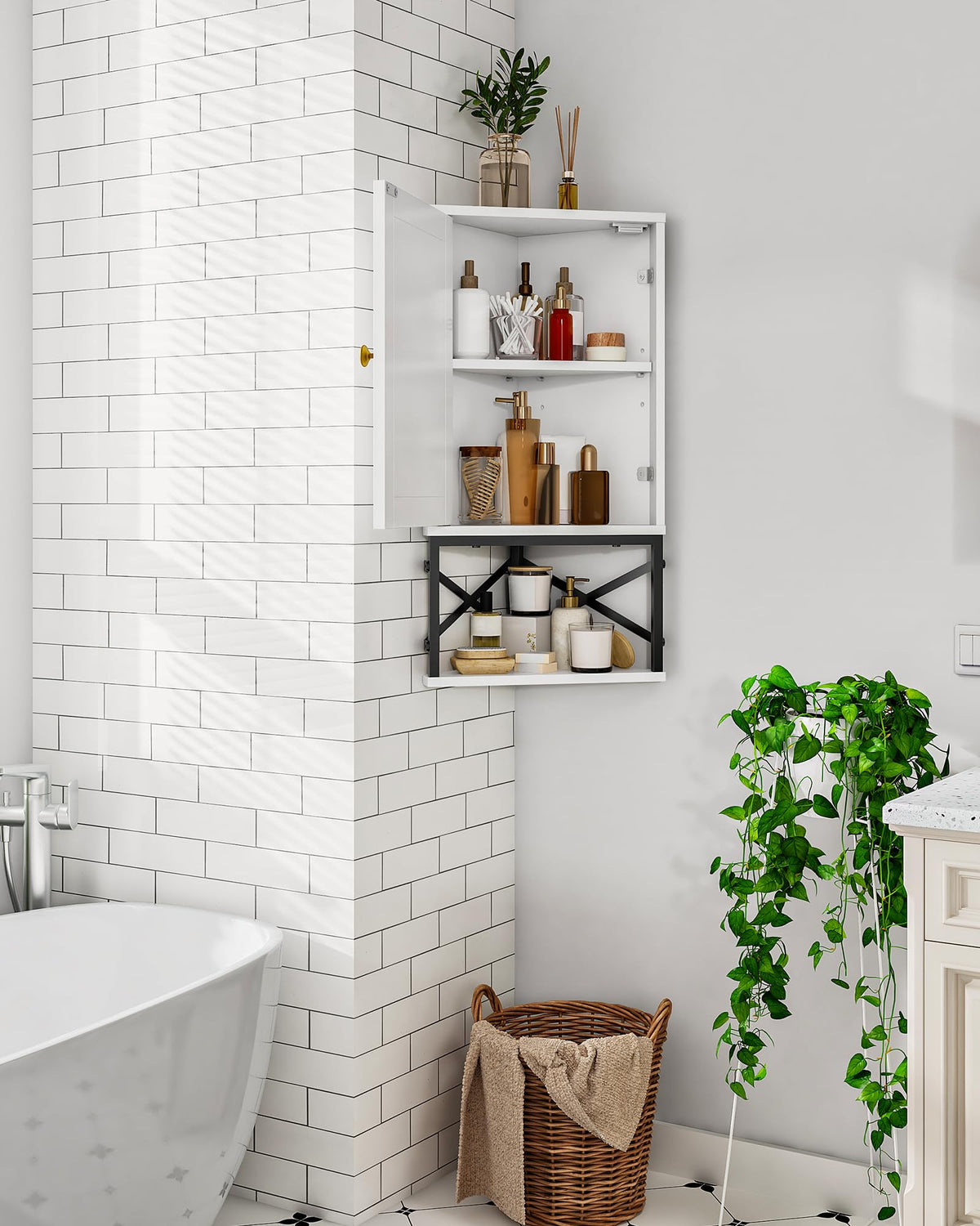 White and Black Corner Wall Cabinet with Adjustable Shelf N29916