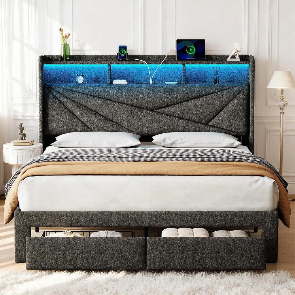 Queen Bed Frame with 2 Storage Drawers and Upholstered Headboard Q125