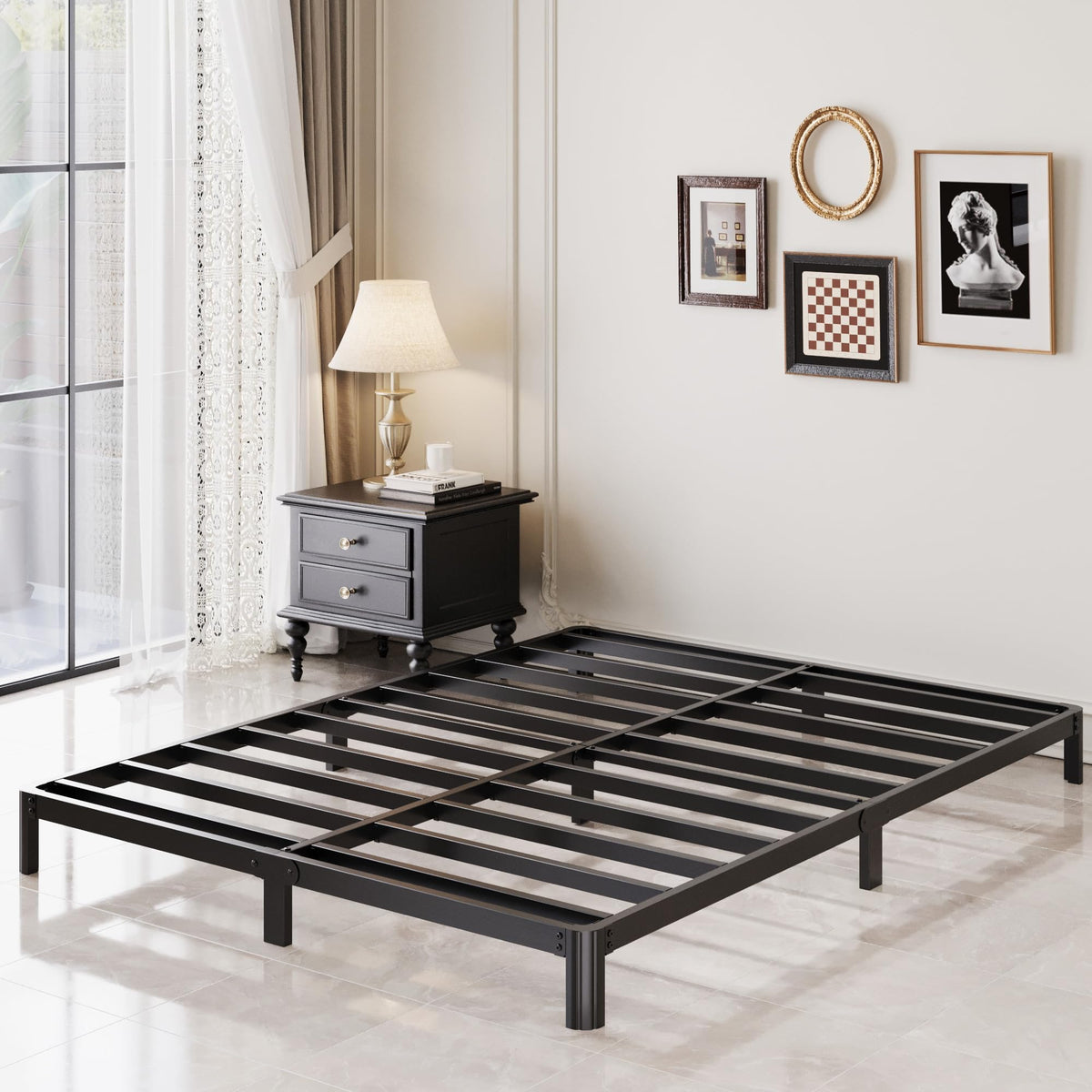 Black 7 Inch Queen Metal Platform Bed Frame S614