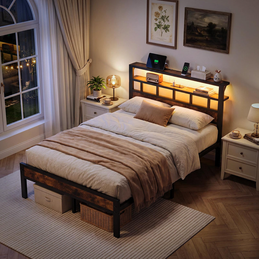 Metal Platform Bed with Charging Station and LED Y91547