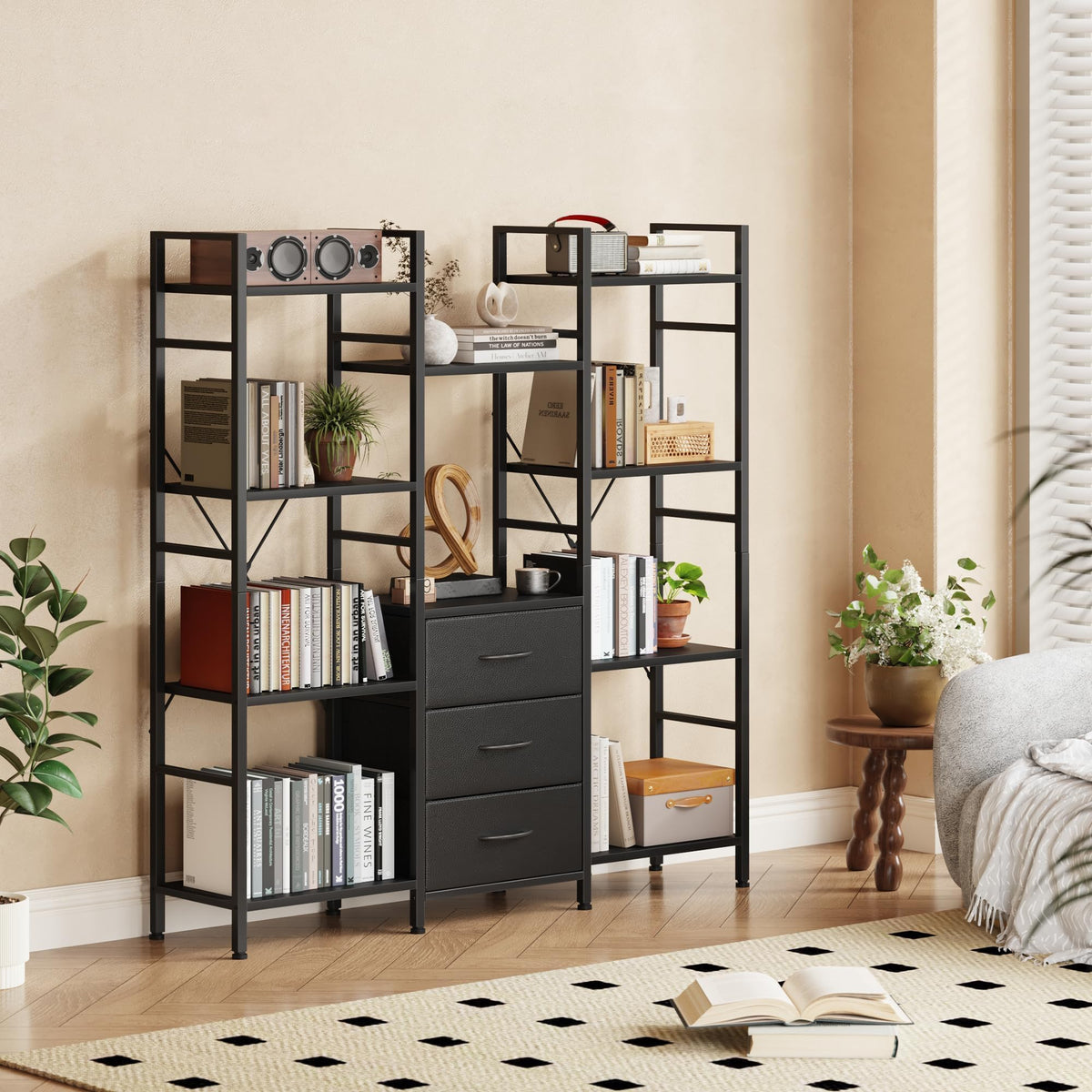 Black 4-Tier Bookshelf with 3 Fabric Drawers S19645