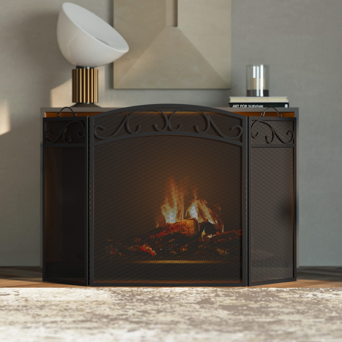 Black 3 Panel Wrought Iron Fireplace Screen T51528
