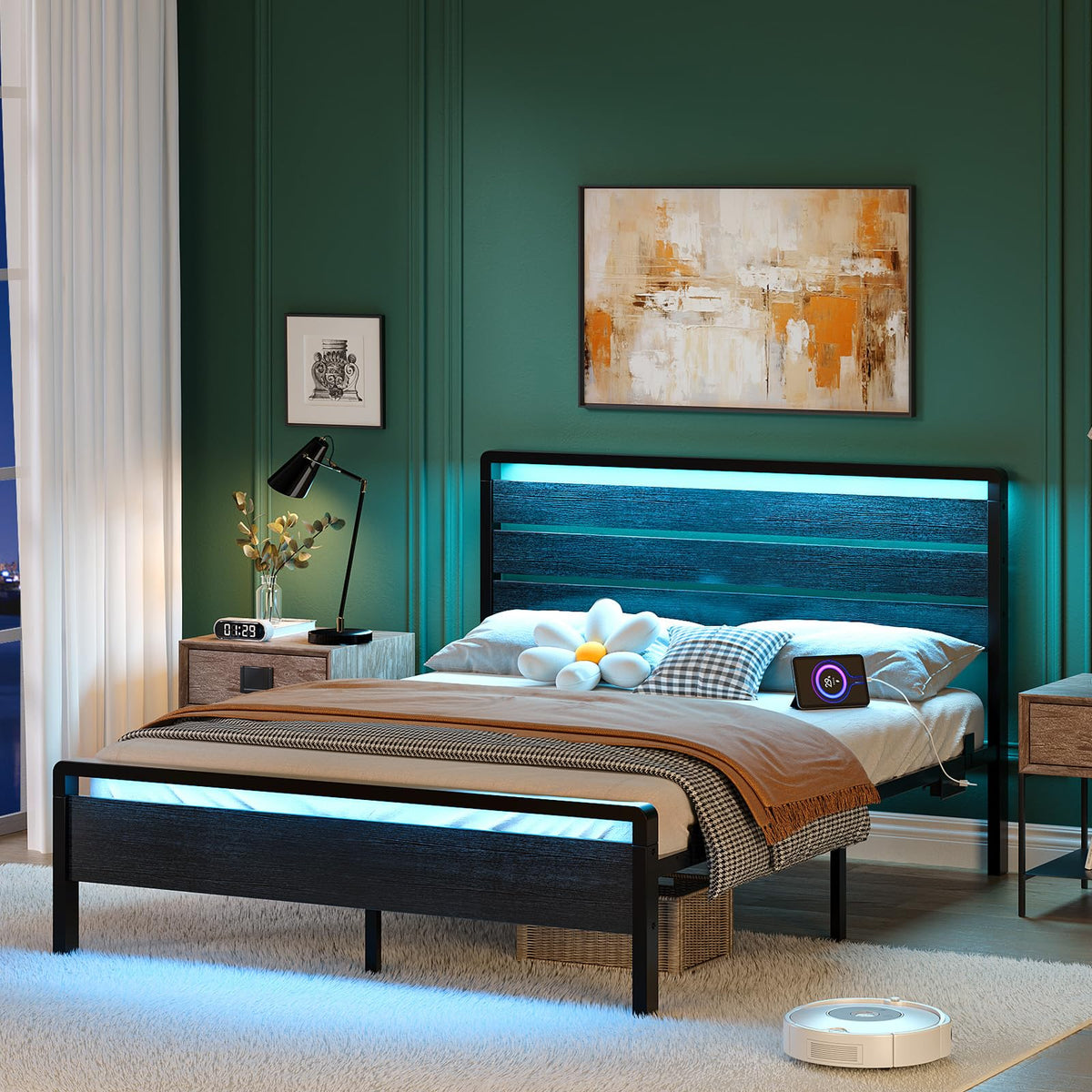 Full Size Metal Platform Bed Frame with LED Headboard and Charging Ports, Black A546