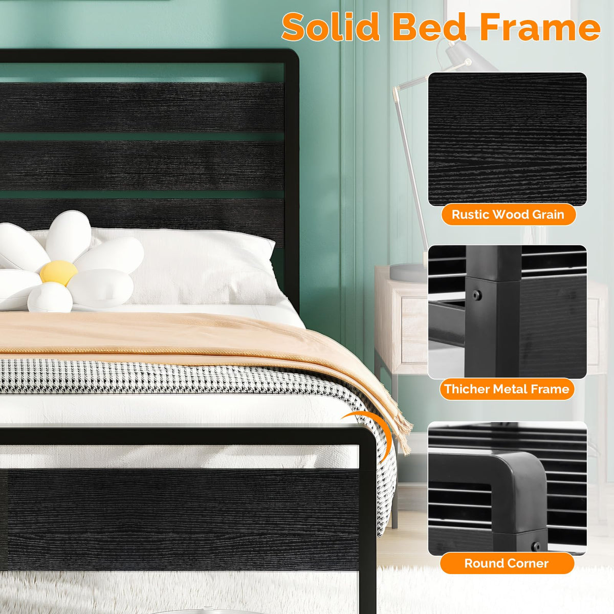 Full Size Metal Platform Bed Frame with LED Headboard and Charging Ports, Black A546