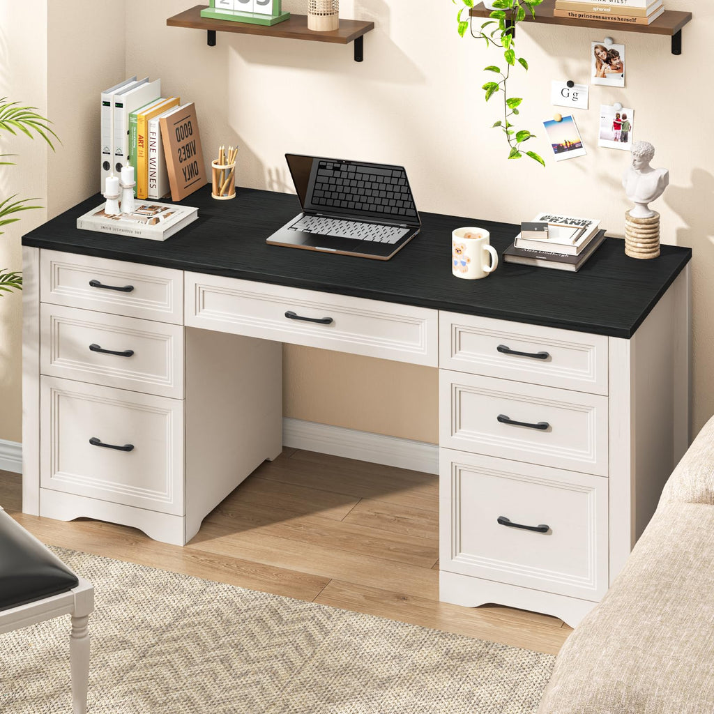 Black Wood Executive Desk with 2 File Drawers and 5 Storage Cabinets C4720