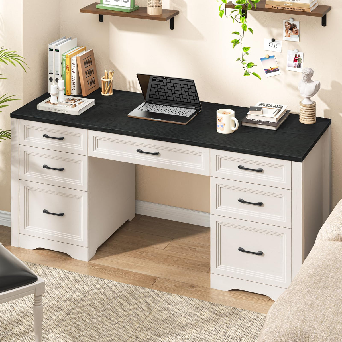 Black Wood Executive Desk with 2 File Drawers and 5 Storage Cabinets C4720