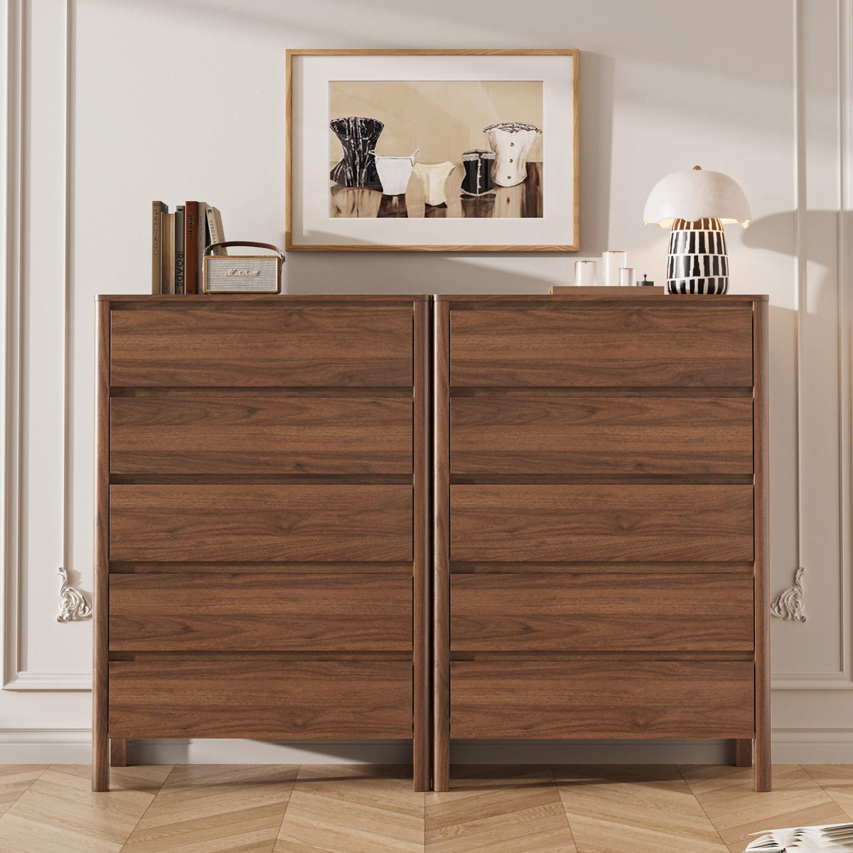 Walnut 5 Drawer Wood Dresser R114
