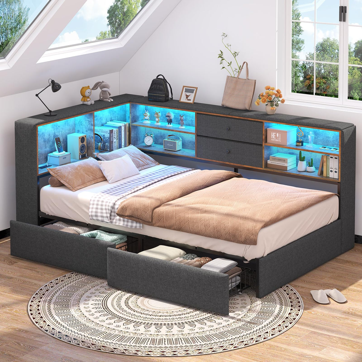 Twin Corner Bed Frame with Storage Drawers S686022