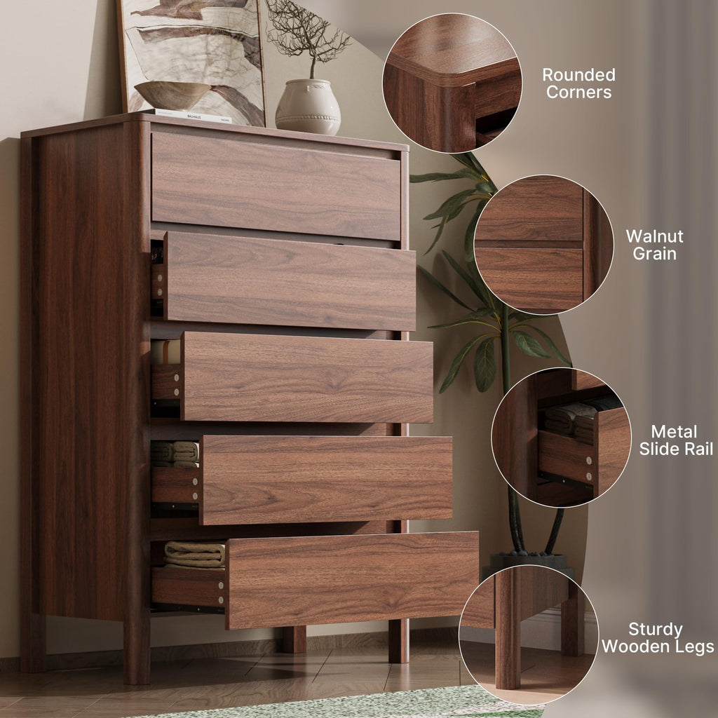 Walnut 5 Drawer Wood Dresser R114