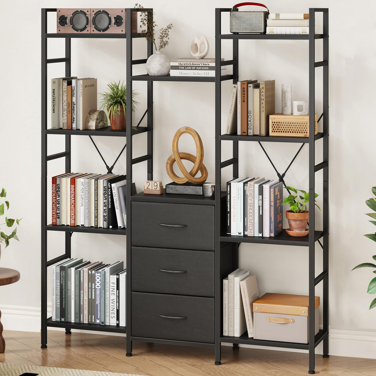 Black 4-Tier Bookshelf with 3 Fabric Drawers S19645