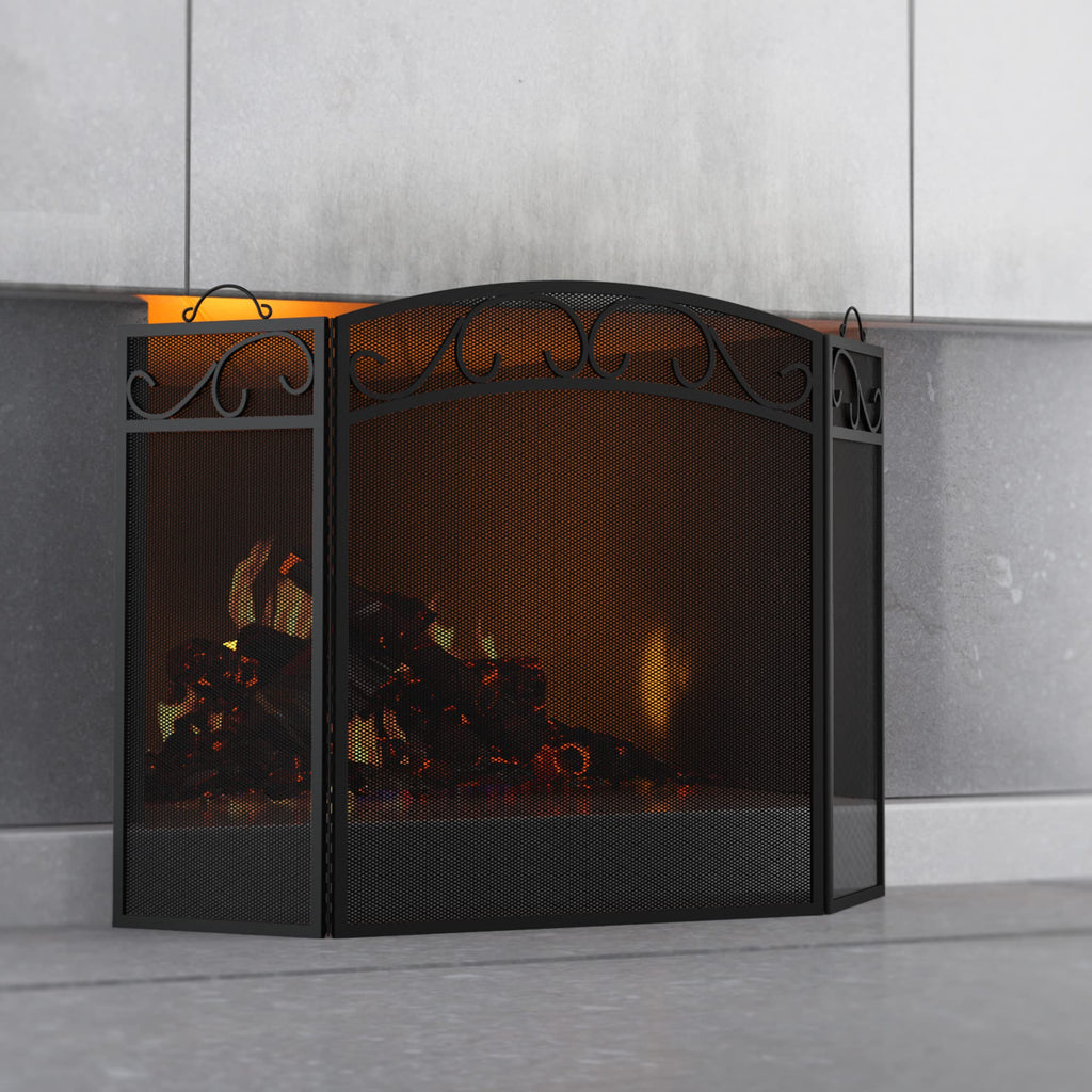 Black 3 Panel Wrought Iron Fireplace Screen T51528