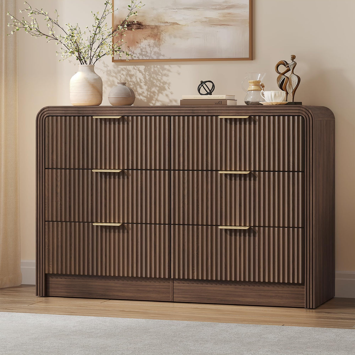 47" Walnut Fluted 6-Drawer Dresser A753