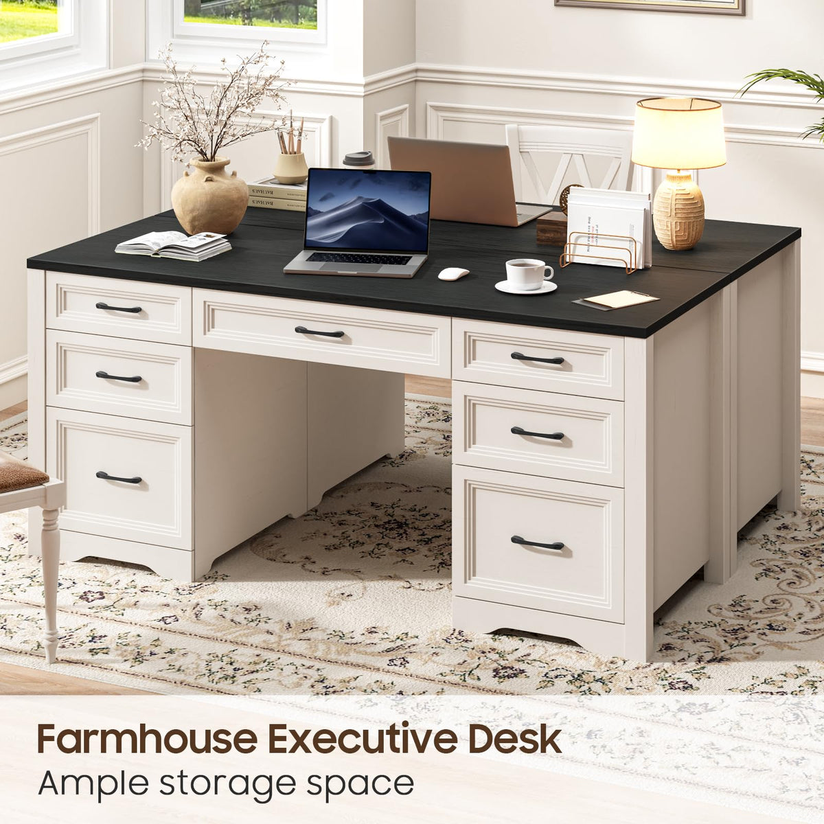 Black Wood Executive Desk with 2 File Drawers and 5 Storage Cabinets C4720
