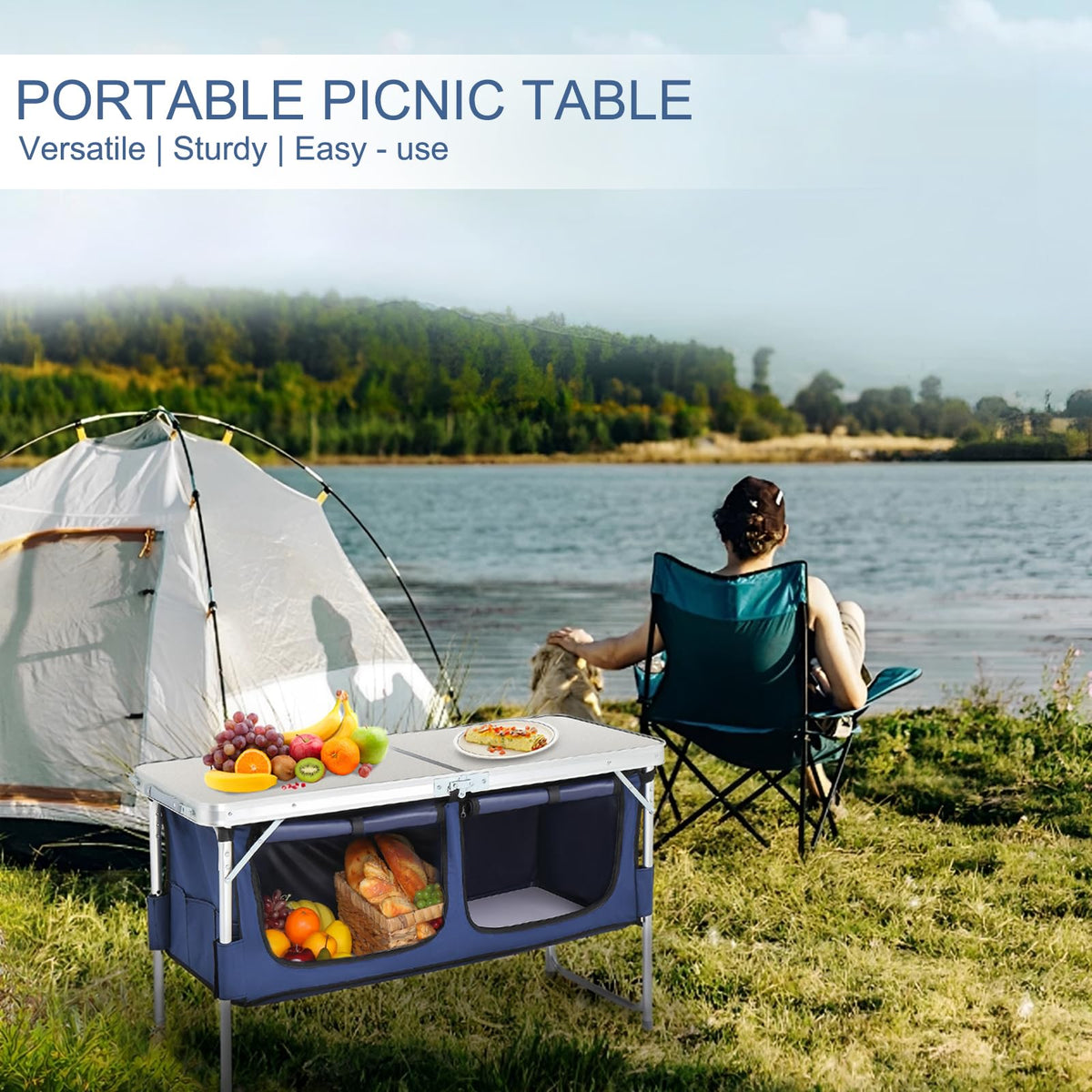 Folding Camping Table with Storage, 3 Height Adjustable, Lightweight, 4 Ft Aluminum U78917