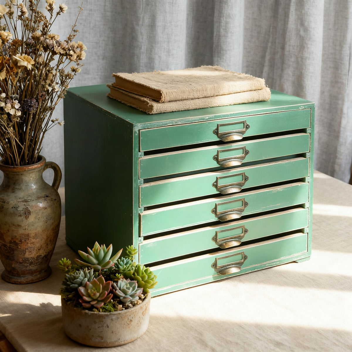 Vintage Wooden Storage Box with 6 Drawers Desktop Organizer Cabinet P982176