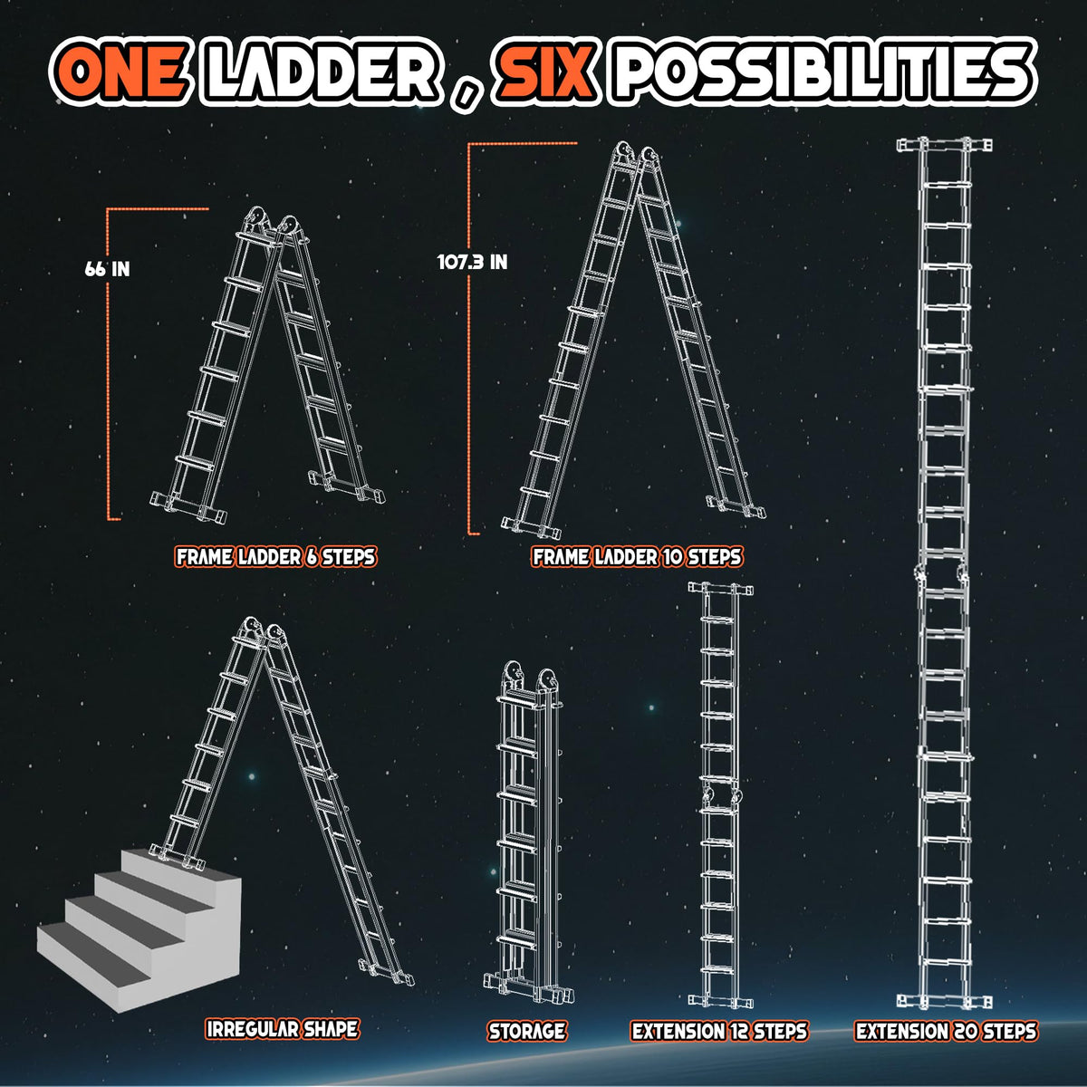 Telescoping Ladder, 22.5 Ft A Frame Anti-Slip Multi Position G1500