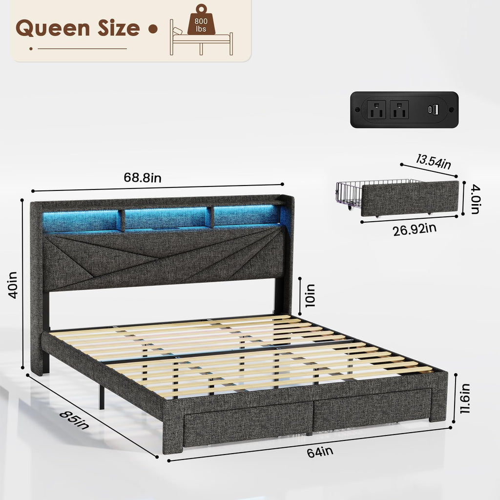 Queen Bed Frame with 2 Storage Drawers and Upholstered Headboard Q125