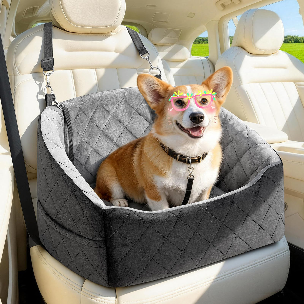 Dog Car Seat for Small Dogs Up to 30 Lbs, Grey-Black N265