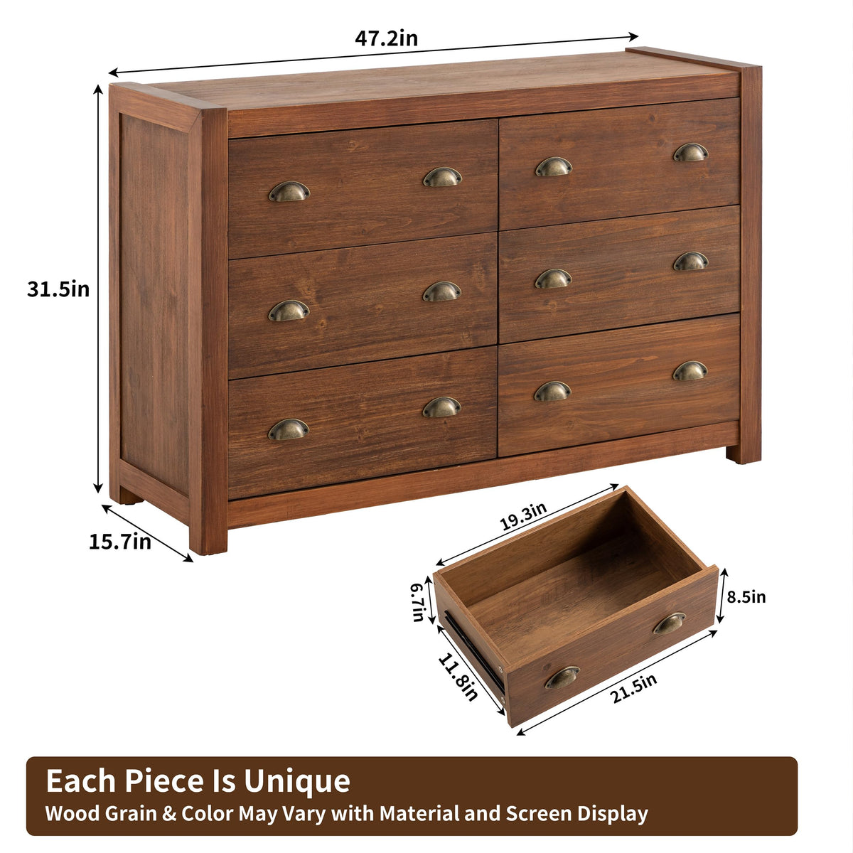 Vintage 6 Drawer Solid Wood Dresser P2068