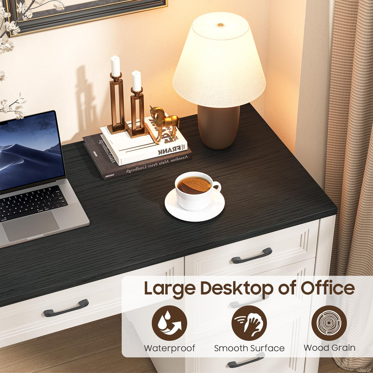 Black Wood Executive Desk with 2 File Drawers and 5 Storage Cabinets C4720