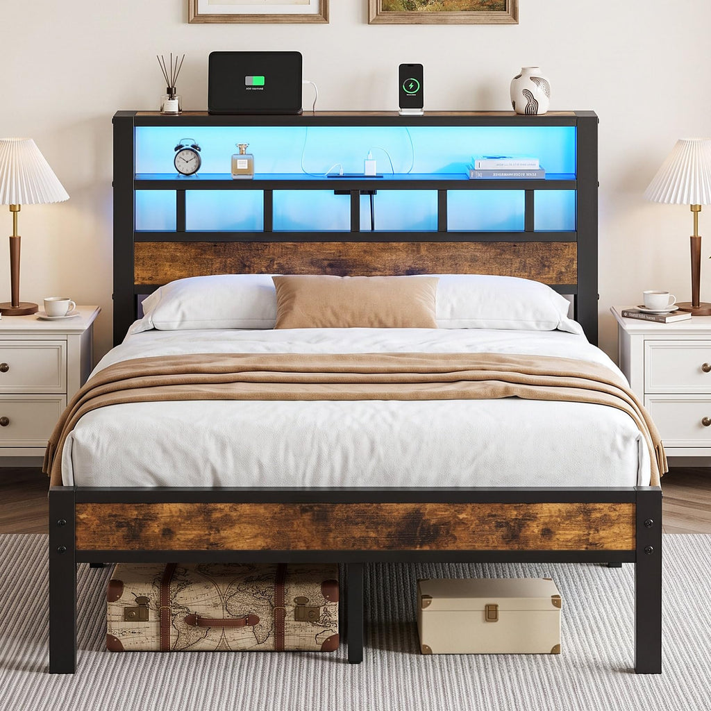Metal Platform Bed with Charging Station and LED Y91547