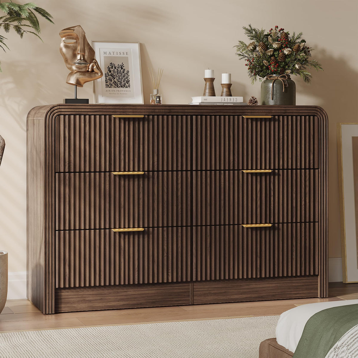 47" Walnut Fluted 6-Drawer Dresser A753