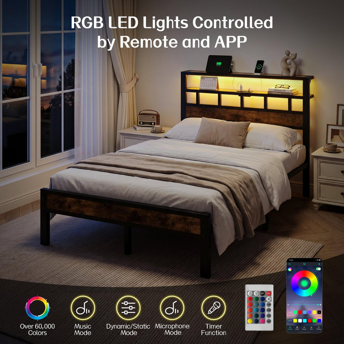 Metal Platform Bed with Charging Station and LED Y91547