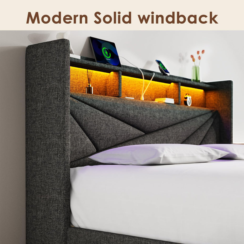 Queen Bed Frame with 2 Storage Drawers and Upholstered Headboard Q125