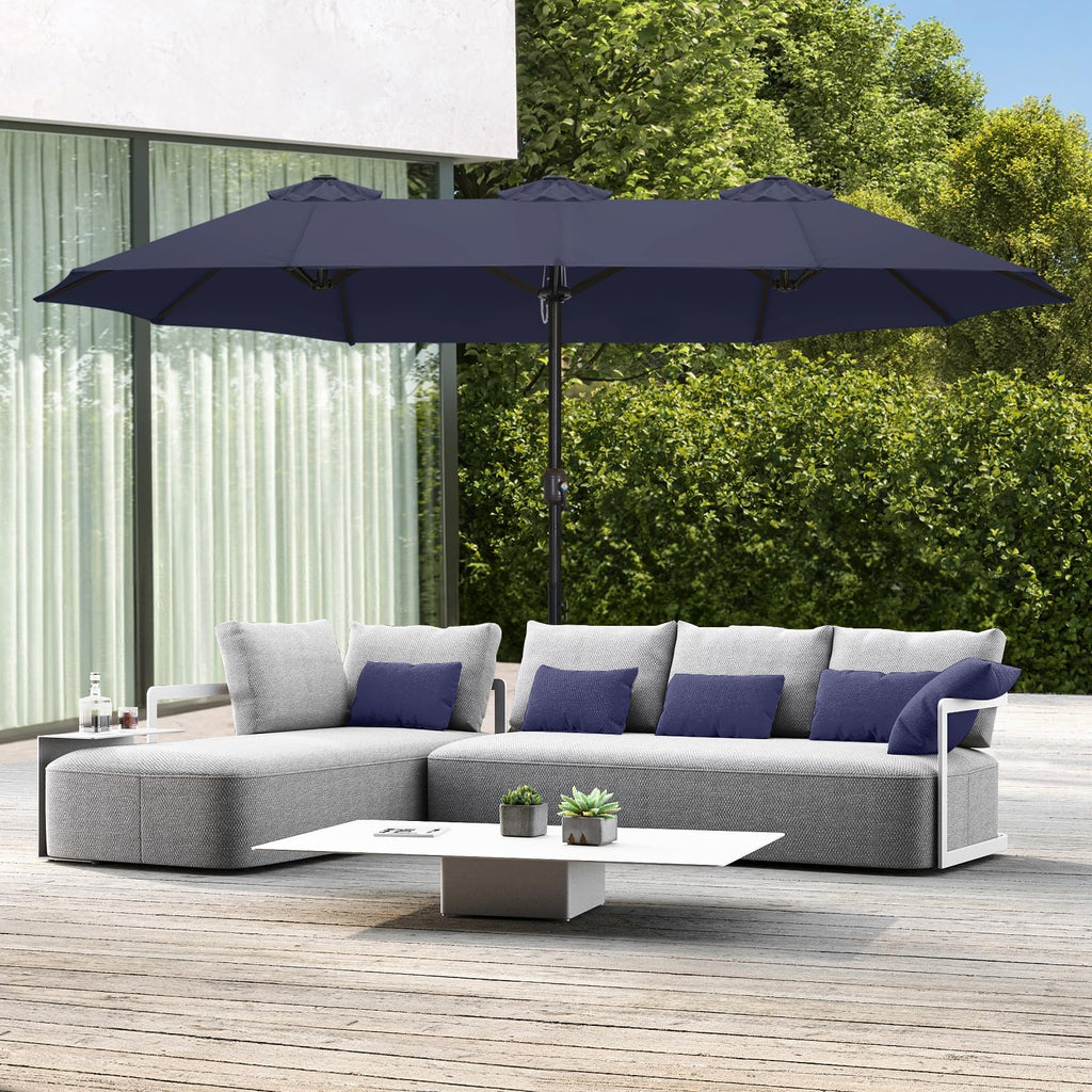 15FT Double-Sided Rectangle Patio Umbrella with Base Navy Blue M780426