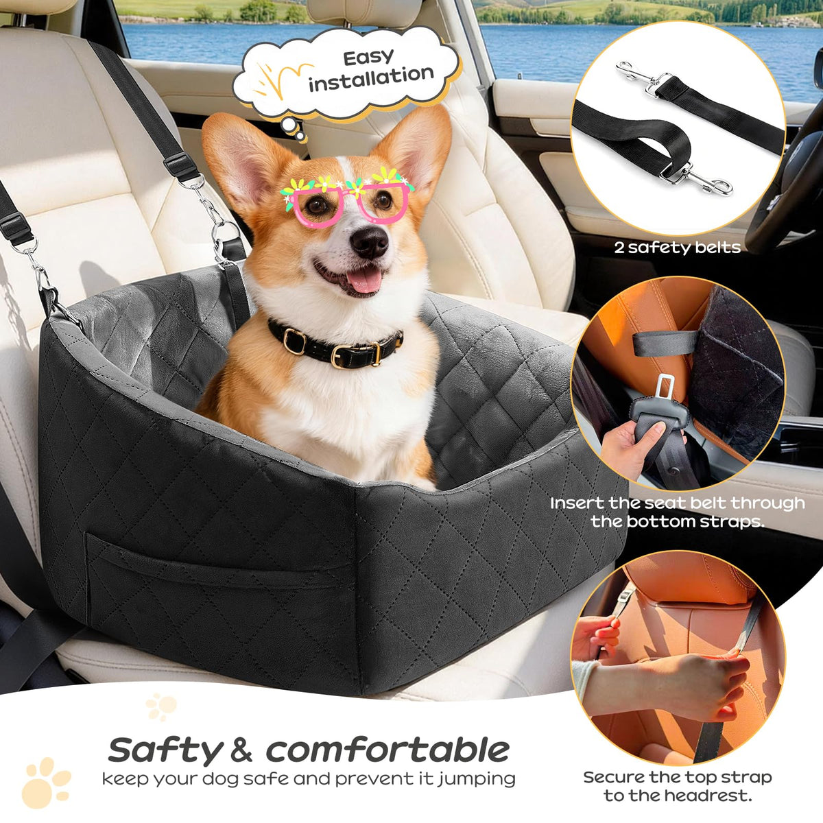 Dog Car Seat for Small Dogs Up to 30 Lbs, Grey-Black N265