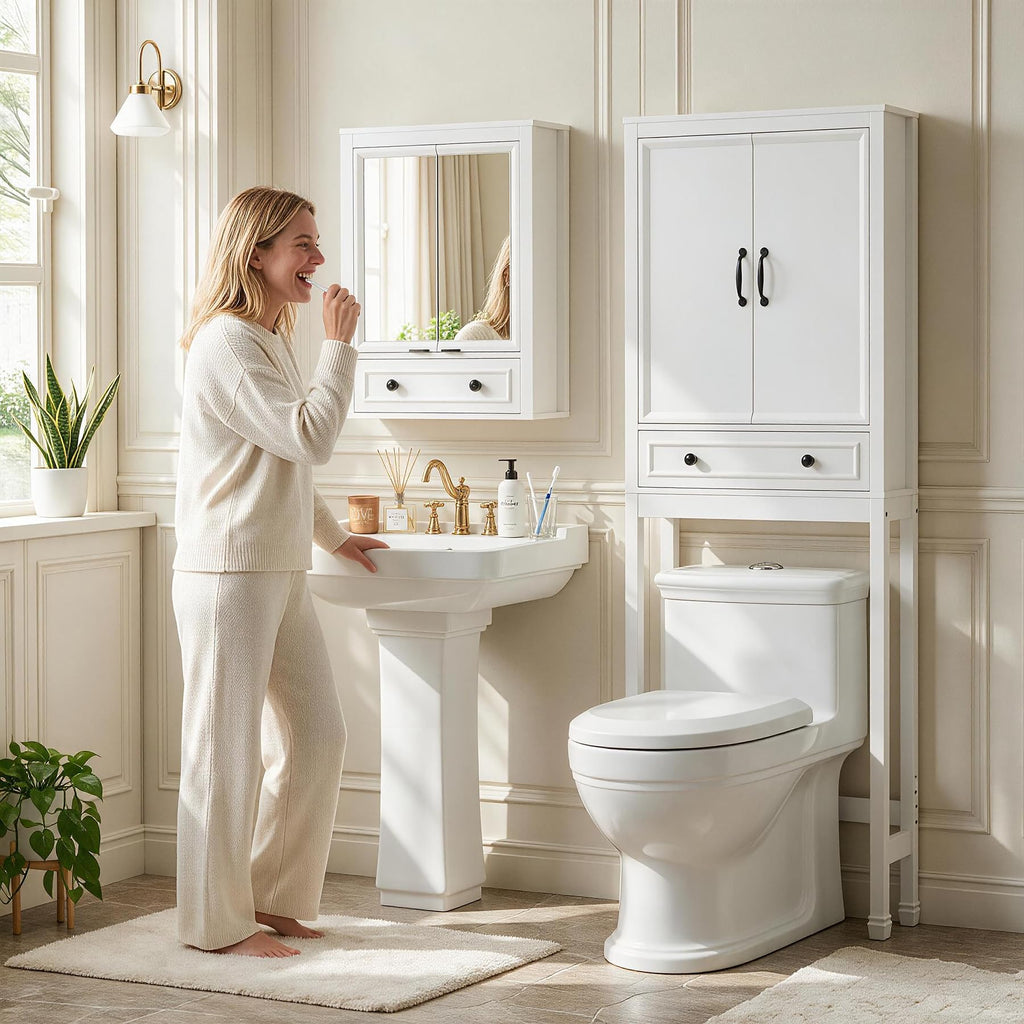 White Over the Toilet Storage Cabinet with Doors N60911